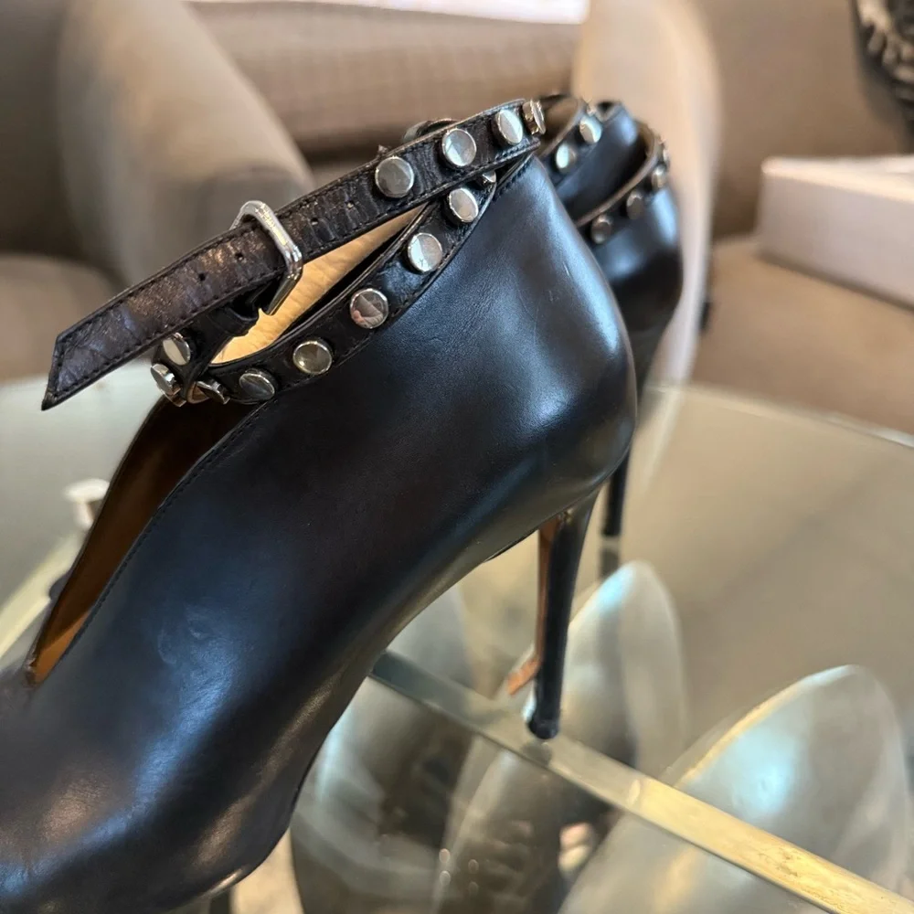 Black Stiletto Heels with Silver Studs Ankle Strap